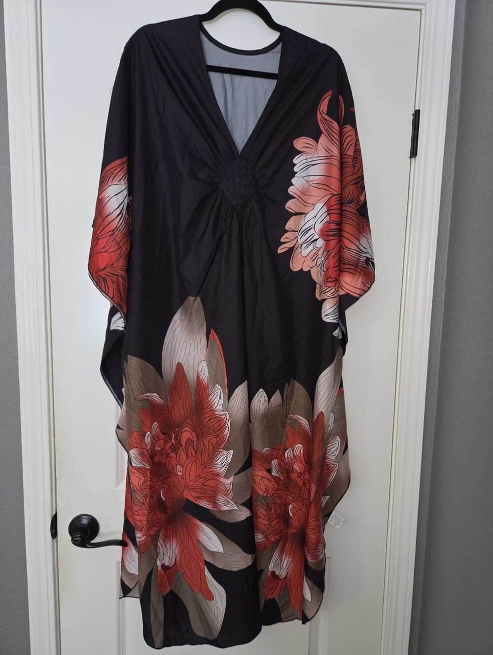 Black Floral Caftan with Red & Cream Blooms
